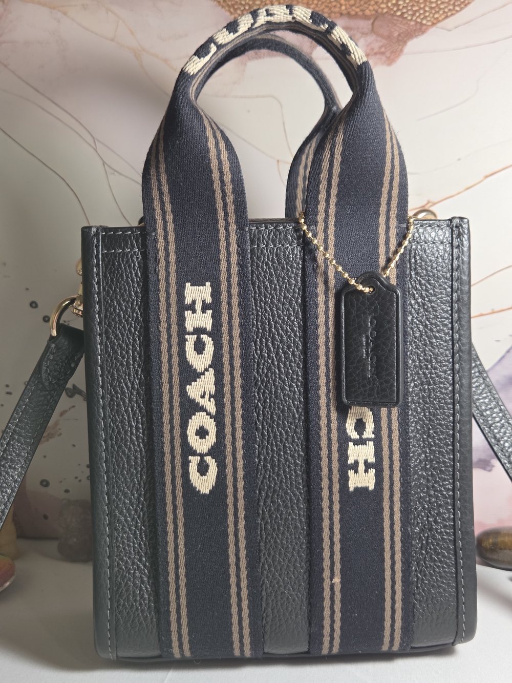 NWOT COACH MINI TOTE Black Pebbled Leather With Black & Tan Stripe w/Crossbody